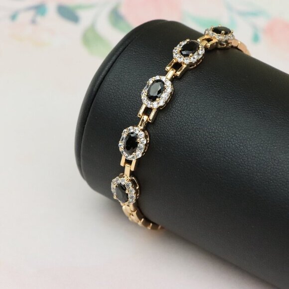 "Elegant Rose Gold Oval Black Stone Bracelet with Crystal Halos, XPBL0736 - Picture 2 of 12